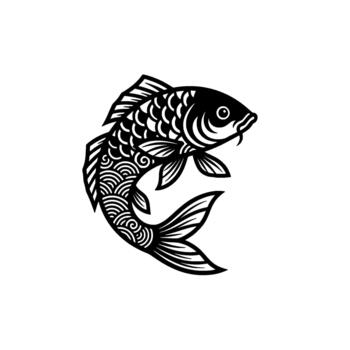 estilizado saltando pescado emblema exhibiendo intrincado ola patrones y fluido líneas representando acuático fauna silvestre y tradicional japonés principios para marca identidad conceptos vector