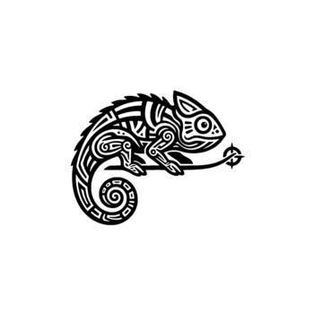 Stylized chameleon emblem showcasing intricate tribal patterns and a coiled form representing wildlife conservation and indigenous principles vector