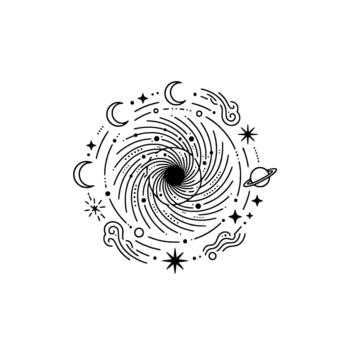 Celestial spiral emblem depicting a swirling galaxy orbiting moons and distant planets within a circular intricate line art for space exploration themes vector