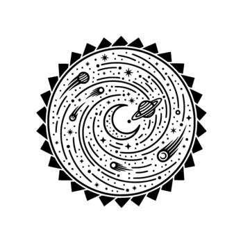 Celestial navigation emblem depicting planetary orbits and a crescent moon within a stylized circular for space exploration themes vector