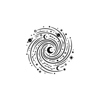 Spiraling galaxy emblem depicting celestial bodies and star clusters within a circular intricate representing astronomical exploration concepts vector