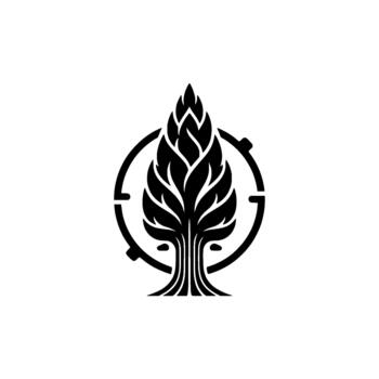 Stylized leaf emblem depicting a flourishing tree within a circular interwoven loop representing sustainable growth and ecological principles vector
