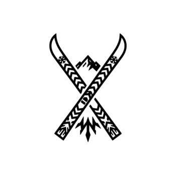 Crossed ski emblems showcasing mountain peaks and stylized bindings in a bold angular representing winter sports and adventure concepts vector