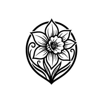 Ornamental daffodil emblem showcasing intricate petal details within a circular geometric frame for botanical illustration concepts vector