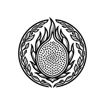 Stylized dragon fruit emblem showcasing intricate seed patterns within a circular ornamental frame representing tropical botanical concepts vector