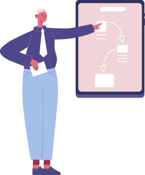 negocio hombre presentación digital datos diagrama de flujo en pantalla vector