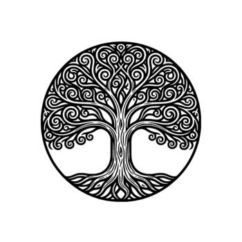 Intricate circular tree of life emblem featuring elaborate swirling branches and roots in a detailed ornamental style representing universal growth and interconnectedness concepts vector
