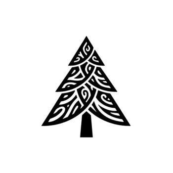 Stylized evergreen tree emblem showcasing intricate interwoven patterns and a central trunk representing festive holiday and winter concepts vector