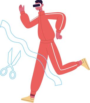 Man running in virtual reality cutting digital ribbon vector