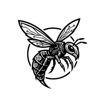 Robotic honeybee emblem showcasing intricate mechanical details and circuit board components within a circular for technological innovation concepts vector