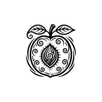 Stylized apple emblem showcasing intricate swirling patterns and leaf details in a tribal decorative representing innovation and knowledge concepts vector