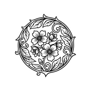 Ornamental floral wreath illustration with stylized blossoms and intricate leaf patterns within a circular frame representing classic principles and botanical motifs vector