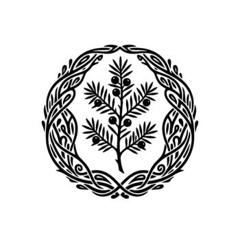 Laurel wreath emblem depicting a stylized coniferous tree and berries within an ornate circular border for heraldic and botanical illustration concepts vector