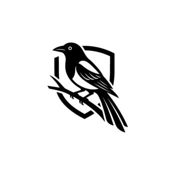 Magpie emblem illustration showcasing a stylized bird perched on a branch within a protective shield representing nature resilience and brand identity concepts vector