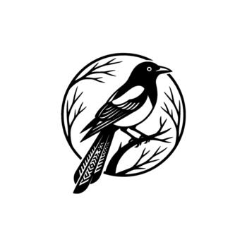 Magpie illustration within a circular wreath showcasing intricate feather details and branch patterns for natural emblem concepts vector