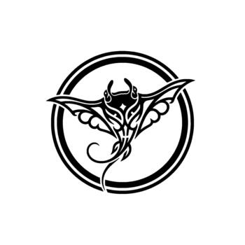 Stylized manta ray emblem showcasing intricate tribal patterns within a circular frame representing oceanic exploration and marine conservation themes vector