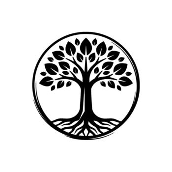 Stylized tree emblem depicting a robust trunk and abundant foliage within a circular frame representing growth longevity and natural harmony concepts vector