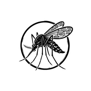 Detailed mosquito illustration within a circular ornamental frame showcasing intricate wing patterns and a linear style for medical and health concepts vector