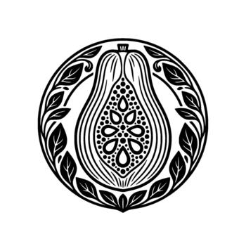 estilizado Pera ilustración en circular emblema exhibiendo intrincado floral patrones y delicado hoja ornamentación para botánico conceptos vector