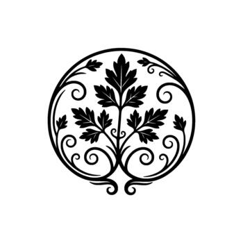 Stylized tree emblem with intricate swirling flourishes within a circular frame representing botanical heritage and elegant principles vector