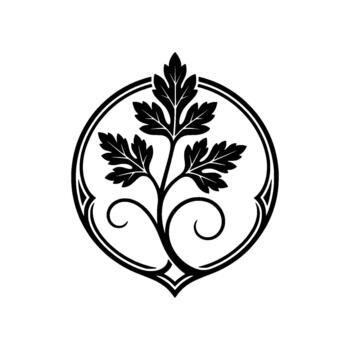 Stylized tree emblem with intricate leaf details and swirling vine presented within a circular ornamental frame for botanical illustration concepts vector