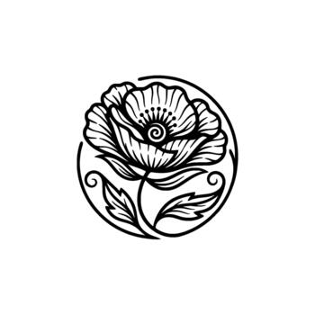 Stylized poppy flower emblem with intricate swirling details within a circular frame representing botanical illustration and elegant principles vector