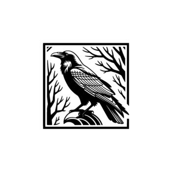 detallado cuervo ilustración encaramado sobre desnudo ramas dentro un cuadrado marco exhibiendo un clásico grabado estilo y simbolizando antiguo folklore conceptos vector