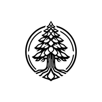 Detailed pine tree emblem illustration showcasing intricate branch patterns within a circular stylized badge for nature and wilderness branding vector