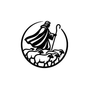 pastor figura con rebaño de oveja en un circular emblema exhibiendo pastoral temas y religioso iconografía para basado en la fe marca conceptos vector