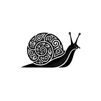 Intricate snail emblem showcasing spiraling shell patterns and delicate leaf ornamentation in a detailed tribal art style representing slow deliberate progress and natural symbolism vector