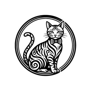 Elegant feline portrait emblem showcasing intricate swirling patterns and a formal bow tie within a circular representing sophisticated animal illustrations vector