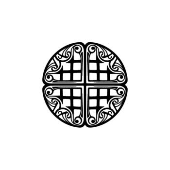 intrincado circular emblema representando un estilizado proteger con entretejido geométrico patrones y un central cuadrícula representando antiguo heráldico y histórico simbolismo vector