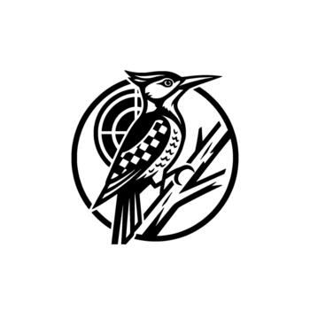 Detailed woodpecker emblem showcasing intricate feather patterns and a branch within a circular Celtic knot for nature and wildlife illustration concepts vector