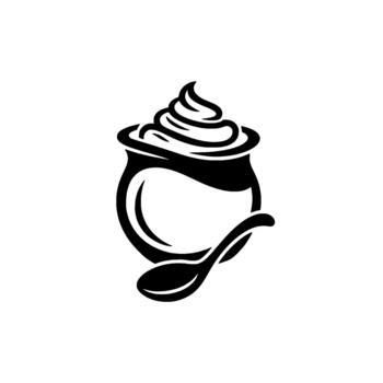 Creamy dessert jar with swirling whipped topping and a delicate spoon rendered in a refined minimalist line art style representing culinary elegance and indulgence concepts vector