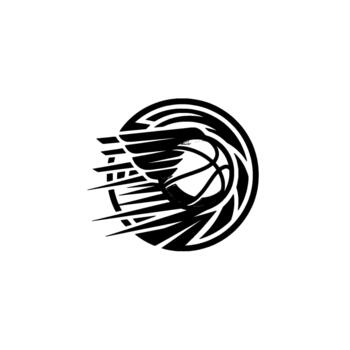 Dynamic basketball emblem showcasing a soaring sphere within a swirling stylized motion representing athletic competition and momentum concepts vector
