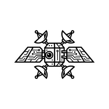 Satellite communication device emblem showcasing intricate circuit board pathways and multiple dish antennas presented in a detailed line art style for global connectivity ideas vector