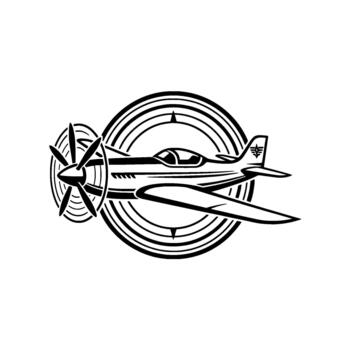 clásico combatiente aeronave emblema exhibiendo un simplificado fuselaje y hélice dentro un negrita circular marco representando aviación patrimonio y principios vector