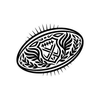 Rugby ball emblem showcasing intricate tribal patterns and stylized scoring posts within a circular shield for sports branding concepts vector