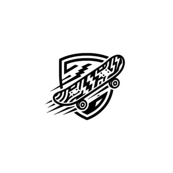 Skateboarding shield emblem showcasing a dynamic skateboard within a stylized angular protective for youth sports branding concepts vector