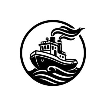 Tugboat emblem showcasing maritime operations and nautical within a circular crest representing harbor services and coastal navigation concepts vector