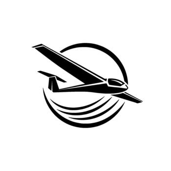 Glider aircraft emblem showcasing streamlined wings and a curved ribbon representing aviation innovation and soaring flight concepts vector