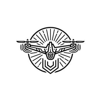 Drone emblem illustration showcasing intricate rotor blades and a central camera within a stylized circular frame representing modern aerial technology and innovation vector