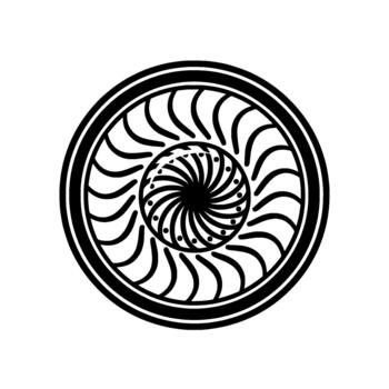 Spiraling vortex emblem depicting a central sphere within a circular pattern representing advanced technological innovation and futuristic principles vector