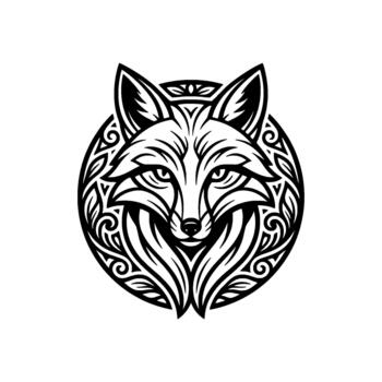 Stylized fox head emblem intricate tribal pattern representing wilderness and ancient folklore concepts for branding and illustration vector