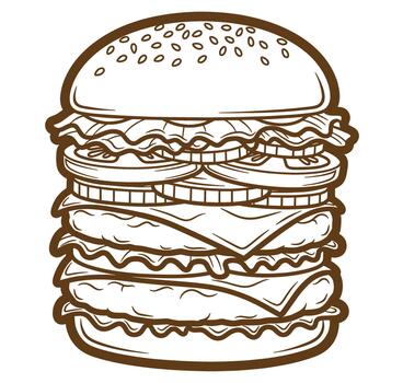Large hamburger with multiple layers of meat and toppings on a bun vector