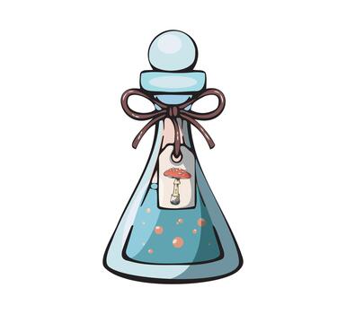 Whimsical blue potion bottle with mushroom vector