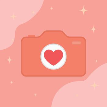 Valentine camera heart illustration. Large flat camera form. Bright heart symbol inside lens circle. Soft abstract background blobs. Warm romantic photo theme. vector