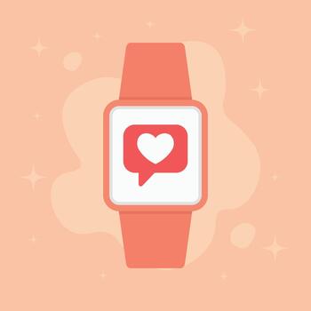 Valentine smartwatch heart illustration. Flat smartwatch device form. Bright heart notification on screen. Large background color block. Warm minimal romantic tone. vector