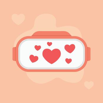 Valentine vr headset illustration. Flat virtual reality device form. Floating heart shapes inside display area. Soft abstract background elements. Warm playful romantic mood. vector