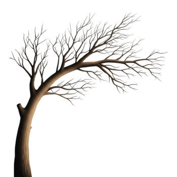 A bare tree with curved branches isolated on transparent background in a studio setting png